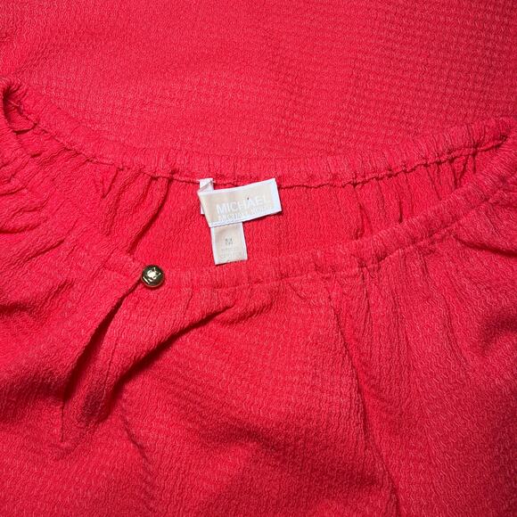 Michael Kors MK Logo Button Keyhole Crewneck Short Sleeve Blouse Top Red Size M - Picture 3 of 6